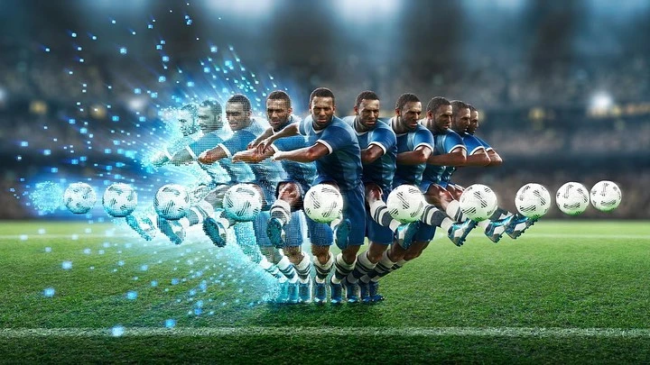 A series of soccer players in blue uniforms kicking soccer balls across a green field in a digital art composite.