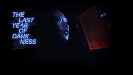 Cinematic portrait of a person in neon blue lighting inside a dark vehicle with title text on the left
