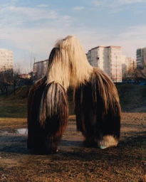 Two figures covered in long brown and cream shaggy fur costumes standing outdoors in front of apartment buildings