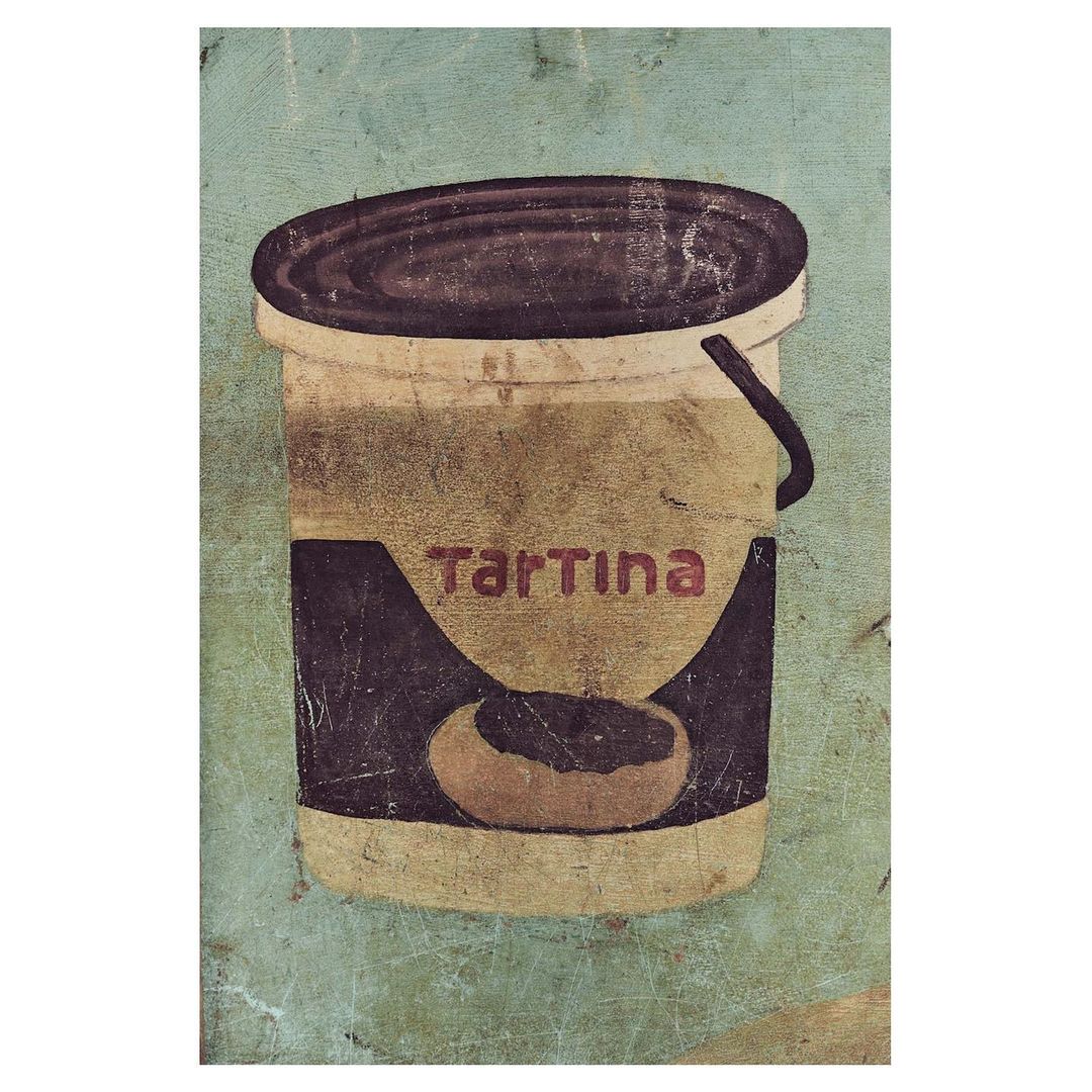 Painted illustration of a 'Tartina' food product container with brown lid and filling, against a distressed blue and beige background.