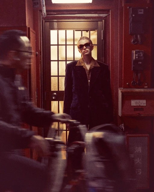 Stylish blonde woman in sunglasses and blazer stands in a doorway, with a blurred person in the foreground adding motion.