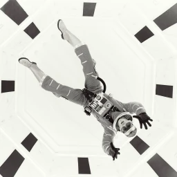 Monochrome portrait of a person in a futuristic spacesuit suspended in an octagonal corridor captured by Alistair Taylor-Young.