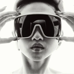 Close-up portrait of a person wearing large visor sunglasses and a brimmed cap, holding the frame with both hands against a bright white background.