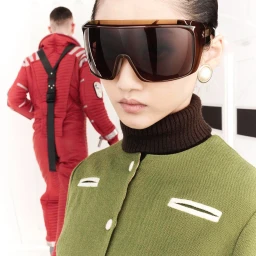 Close-up of a person wearing oversized sunglasses and a green textured top, with another figure in a red jumpsuit in the background.