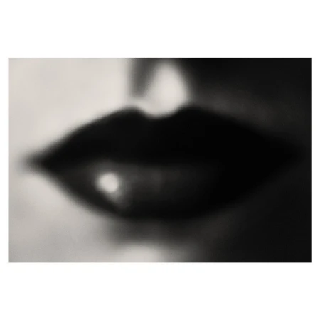 Close-up macro photography of dark glossy lips in a soft-focus artistic portrait by photographer Alistair Taylor-Young.
