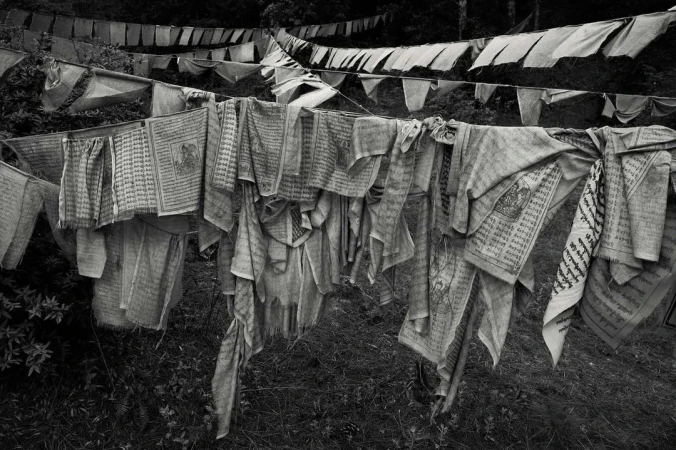 Monochrome photograph by Alistair Taylor-Young featuring weathered Tibetan prayer flags strung across a natural forest path.