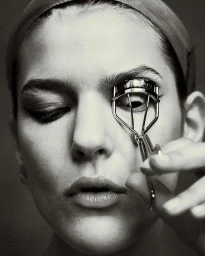 Close-up black and white portrait of a woman using an eyelash curler by photographer Alistair Taylor-Young.