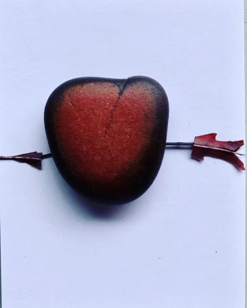 Heart-shaped stone with an arrow through it on a white surface. The arrow is made of twigs and red leaves, symbolizing love.