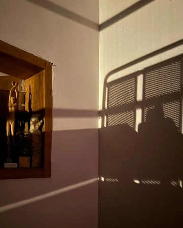 Art display with wooden sculpture and various objects casting shadows on the walls in an indoor setting with warm lighting.