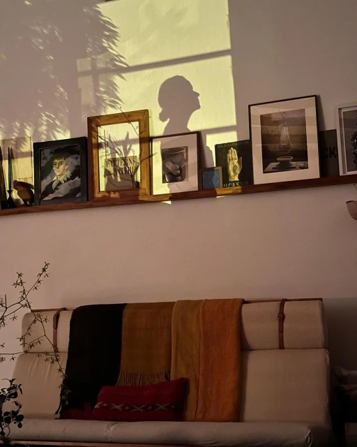 Interior view of a living room with a sofa, shelf with artwork, and a shadow of a person on the wall in soft, warm light.