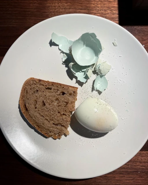 A top-down shot captures a white plate with a slice of brown bread, a peeled boiled egg, and fragments of light blue eggshell.