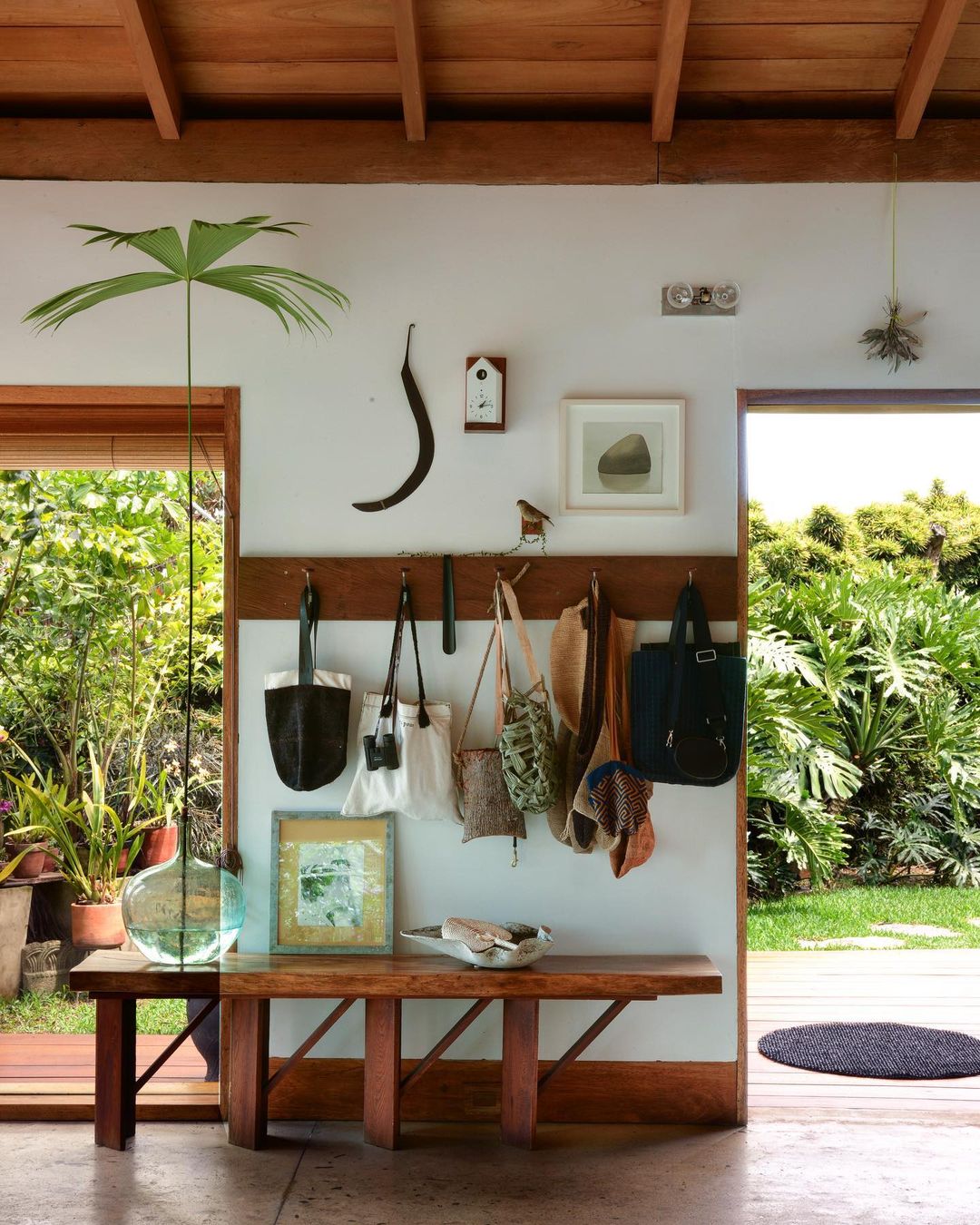 Hallway interior featuring a wooden bench, hanging bags, and leafy plant, blending natural light with organic textures and minimalist design.