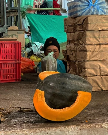 Woman sells a halved butternut squash at an outdoor market. Stacked packages and crates form the background in the daytime.