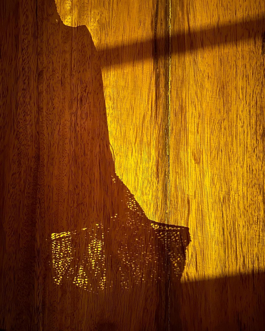 Golden-hued wooden panel with light and shadow from sunlight through a window, highlighting wood grain texture and surface details.