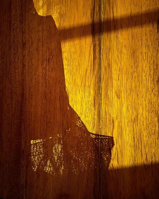 Golden-hued wooden panel with light and shadow from sunlight through a window, highlighting wood grain texture and surface details.