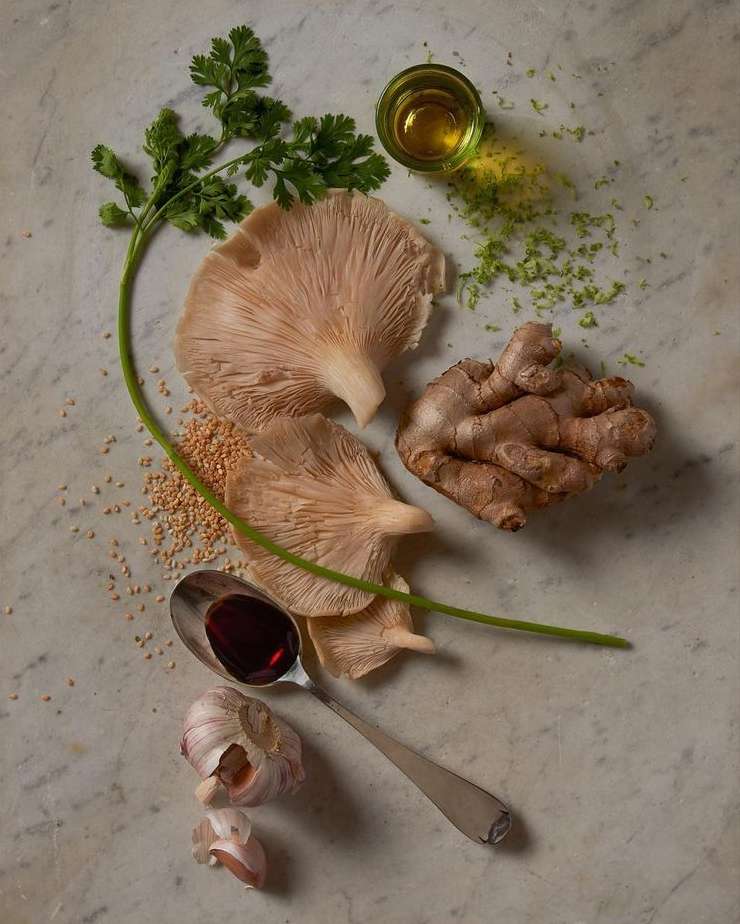 Overhead shot of oyster mushrooms, ginger, cilantro, garlic, and spices arranged on a marble surface for a food still life.