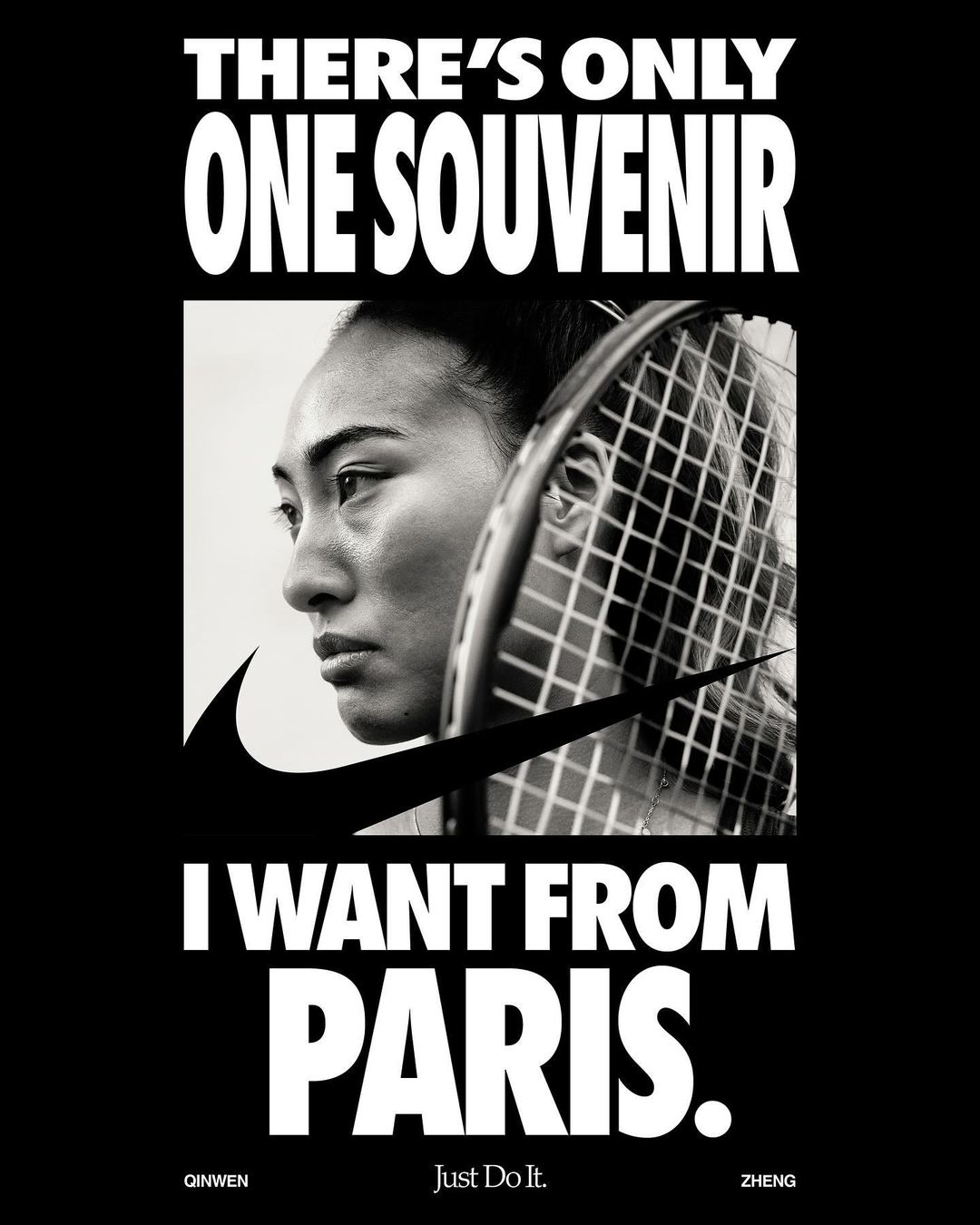Monochromatic promotional image for Nike featuring an Asian woman, tennis racket, and bold text highlighting Paris. Sportswear advertisement.