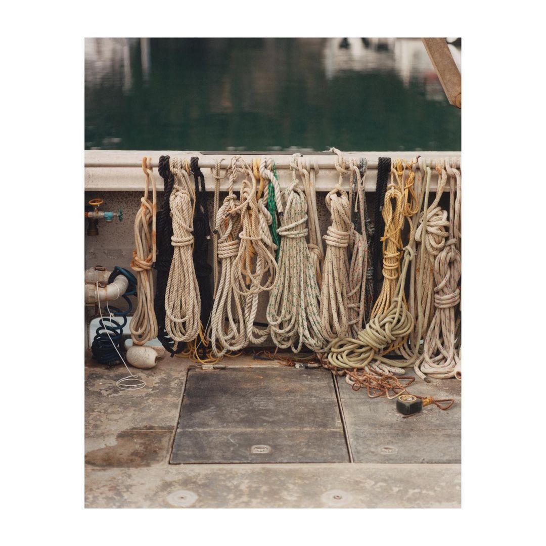 Marine ropes hanging on a boat's rail, with reflections visible in the water and various marine hardware on the boat's deck.