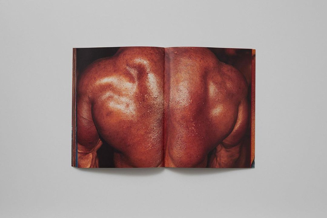 Close-up shot of a tanned adult male's back, showcasing defined musculature and glistening skin texture. The photo is from an open book.