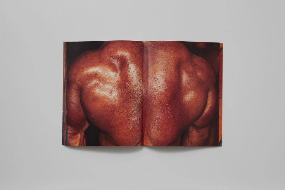Close-up shot of a tanned adult male's back, showcasing defined musculature and glistening skin texture. The photo is from an open book.