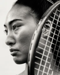 Close up portrait of an athlete in profile holding a tennis racket near her face against a plain background