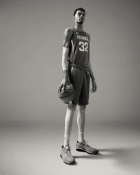 Tall basketball player standing in a France 32 jersey holding a basketball against a grey seamless background
