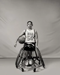Portrait of a female basketball player in a wheelchair holding a basketball against a grey studio backdrop