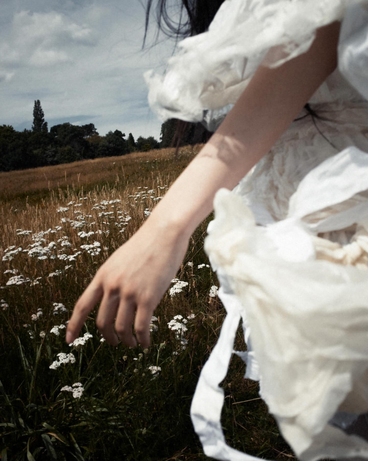 Close-up of a person reaching out over a field of wild white flowers wearing a textured white garment