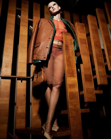 A woman stands on wooden steps with a brown leather jacket, sheer skirt, handbag, and heels in a dimly lit indoor environment.