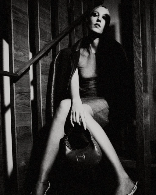 Monochrome fashion shot of a woman seated on wooden stairs, wearing a jacket and holding a Miu Miu bag, with a staircase background.