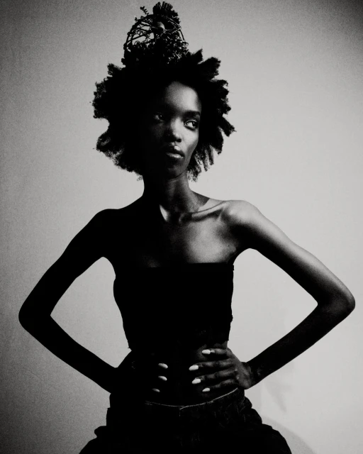 Black and white portrait of a Black woman with hands on hips, wearing a dark strapless top and decorative headpiece in a studio.