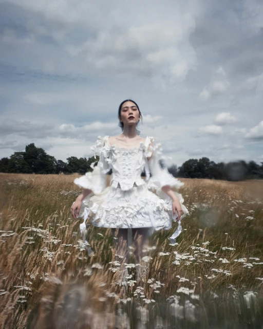 Woman in elaborate white dress stands in a field of wildflowers under a cloudy sky, creating a dreamy and ethereal aesthetic.