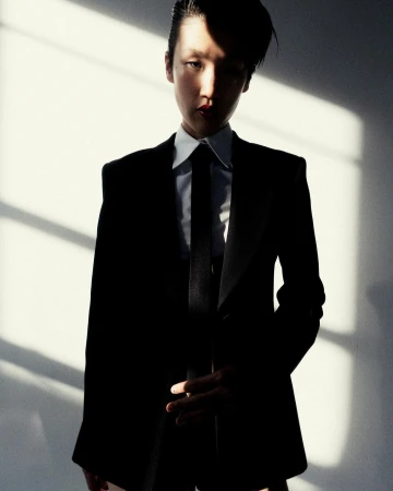 Model in a black blazer, white shirt, and black tie against a light wall with window shadow streaks.
