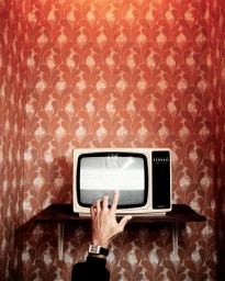 Hand with wristwatch reaching toward a vintage television set against retro patterned orange wallpaper