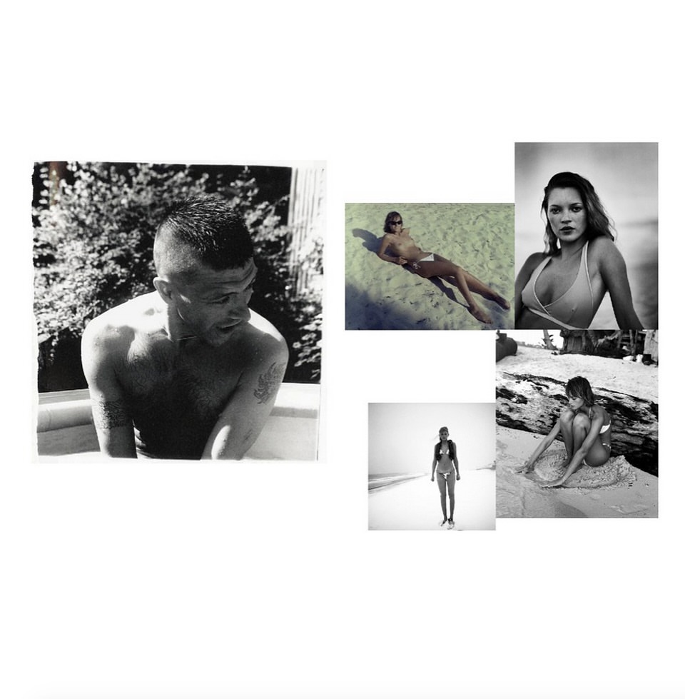 Collage of black and white photographs featuring a man and several women in swimwear, with beach and outdoor settings.