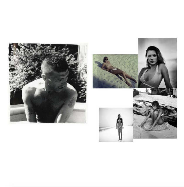 Collage of black and white photographs featuring a man and several women in swimwear, with beach and outdoor settings.