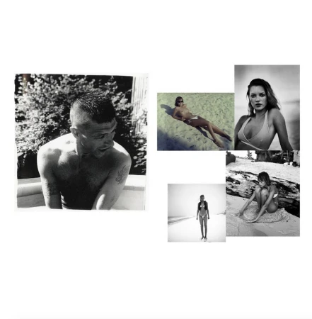 Collage of black and white photographs featuring a man and several women in swimwear, with beach and outdoor settings.