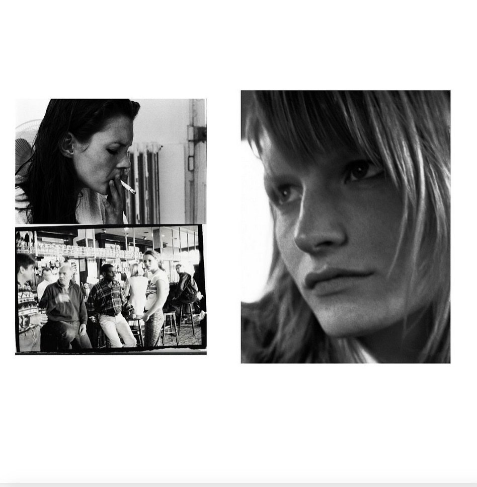 Black and white montage of a woman smoking, a crowd at a bar, and a portrait of a woman with wavy hair in soft light.