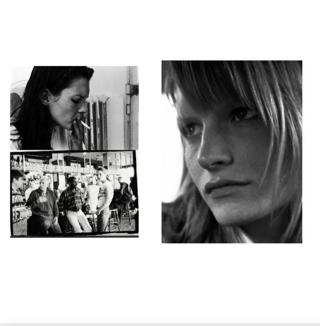 Black and white montage of a woman smoking, a crowd at a bar, and a portrait of a woman with wavy hair in soft light.