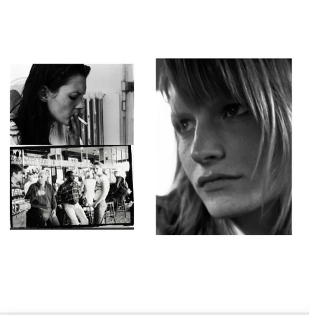 Black and white montage of a woman smoking, a crowd at a bar, and a portrait of a woman with wavy hair in soft light.