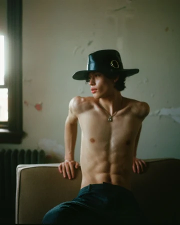 Shirtless man wearing a dark fedora hat and dark trousers leaning against a sofa in a room with a window