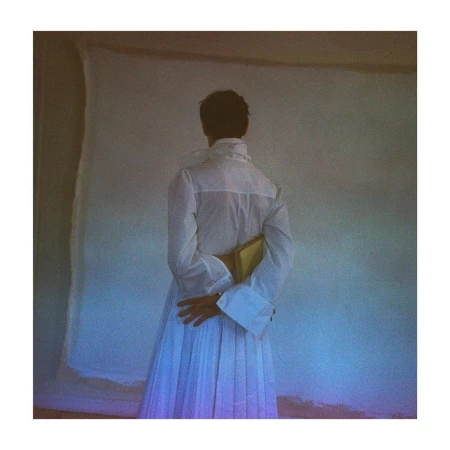 Rear view of a person wearing a white pleated dress and blouse, holding a small gold book against a textured backdrop.