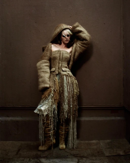 Adult female fashion model poses in a hooded outfit with fringe details against a brown wall and flooring in a studio.