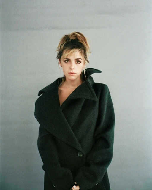 Portrait of a woman with brown hair in a high bun wearing a dark green wool coat against a grey background in an indoor setting.