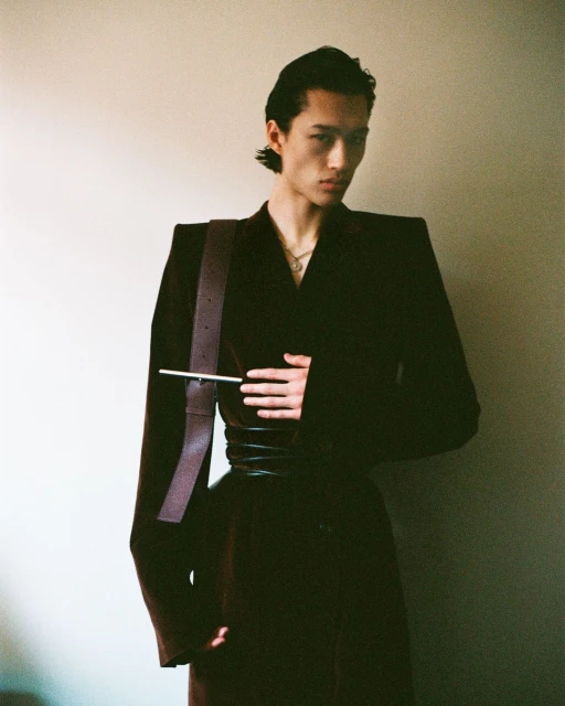 A slim Asian male poses indoors wearing a black suit with architectural shoulders, cinched waist, and brown leather accessories in portrait.