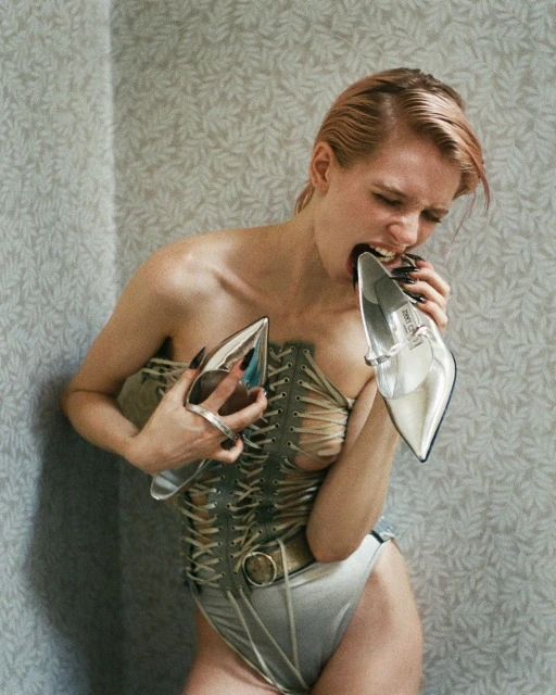 Fashion editorial shot of a woman with wet hair wearing a corset and underwear, biting a silver high heel and holding another.