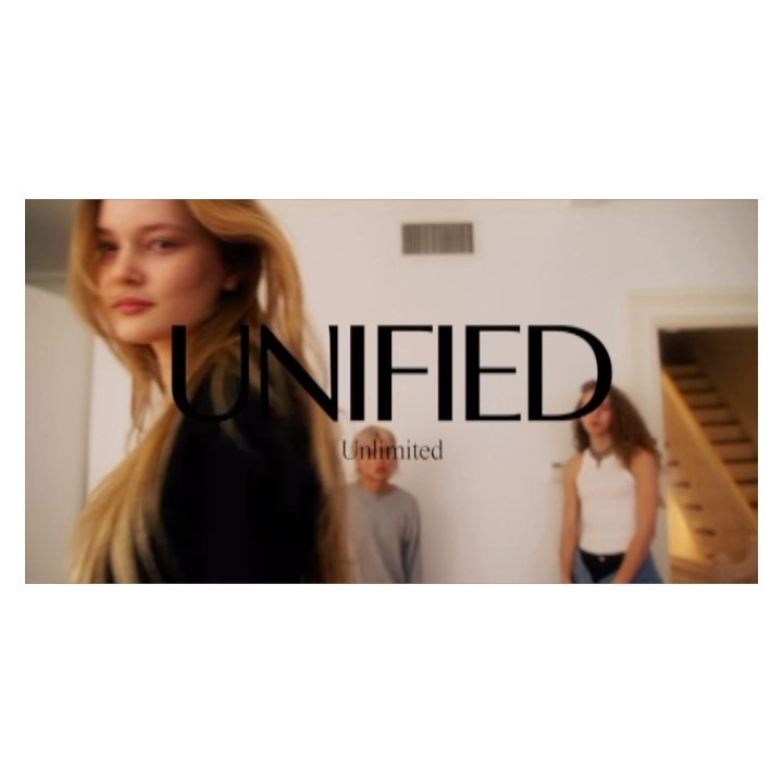 Three people pose in a brightly lit interior with a blurred background and a large text overlay in a fashion-style editorial image.