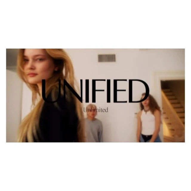 Three people pose in a brightly lit interior with a blurred background and a large text overlay in a fashion-style editorial image.