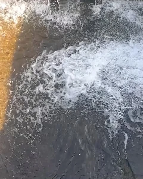 Waterfall cascade with a strong current of water flowing over a concrete barrier, creating white foam and dynamic movement in nature.