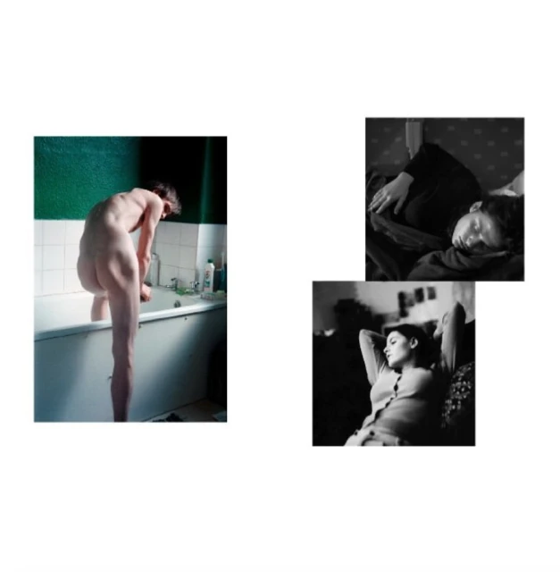 Triptych photo shows nude man in bathtub, woman sleeping, and woman with arms raised behind her head, all on a white background.